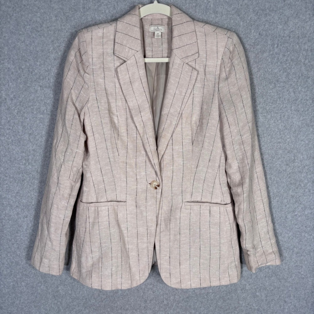 Jules Leopold‎ Pinstripe Linen Blazer Small Tan Neutral Minimalist Quiet Luxury